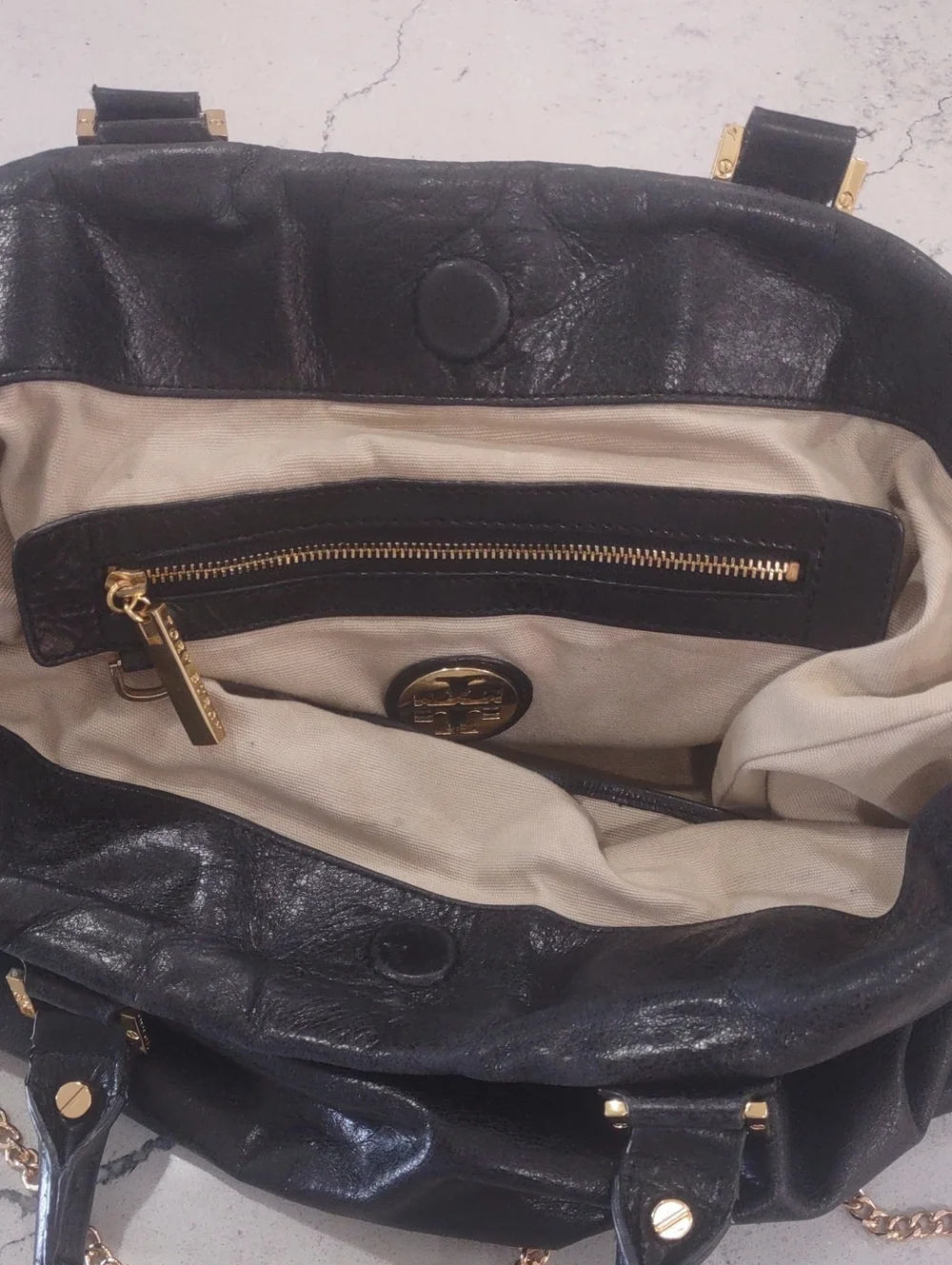 Tory Burch Black Leather Tote with Gold Tone Metal Chain Strap 